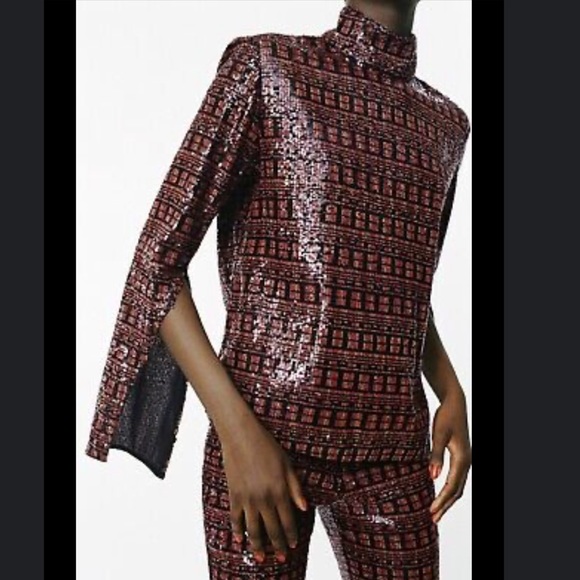 NWOT Zara high collar sequin top with adjustable slit sleeves size xs - Picture 1 of 9